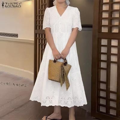 Women Elegant Crochet Patchwork Casual V-neck Short Sleeve Dress