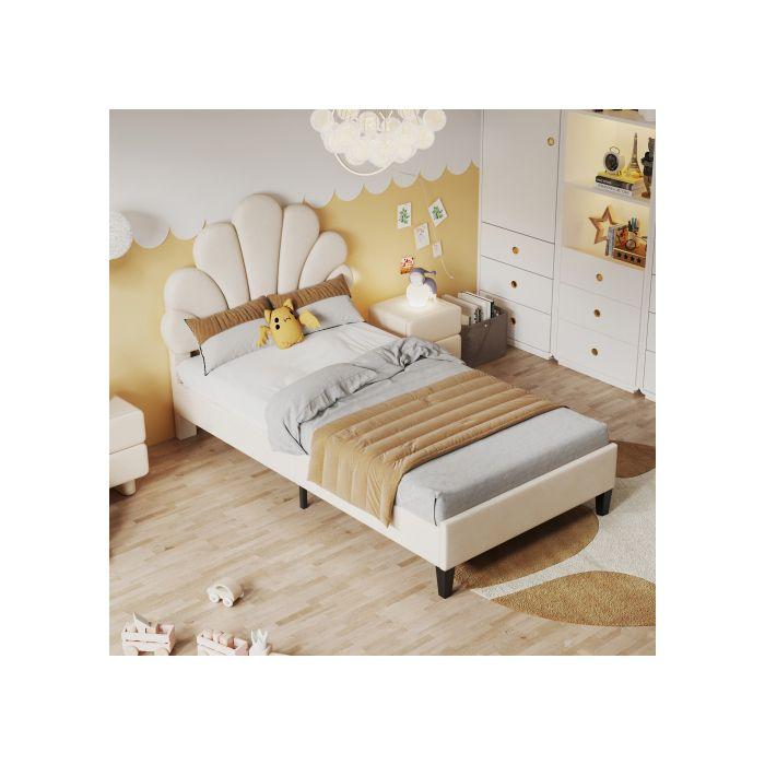 Lit D'enfant Capitonné 90 X 200 Cm, Cadre De Lit Avec Tête De Lit Fleurie Et Sommier À Lattes, Lit D'invité (couleur : Beige)