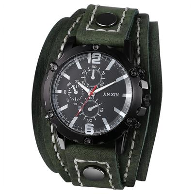 Pulseira Rock Punk Tira de Couro Couro Genuíno Larga Estilosa Quartzo Acessório de Moda Presente Perfeito para e Halloween Relógio Masculino Analógico, À Prova d'Água,