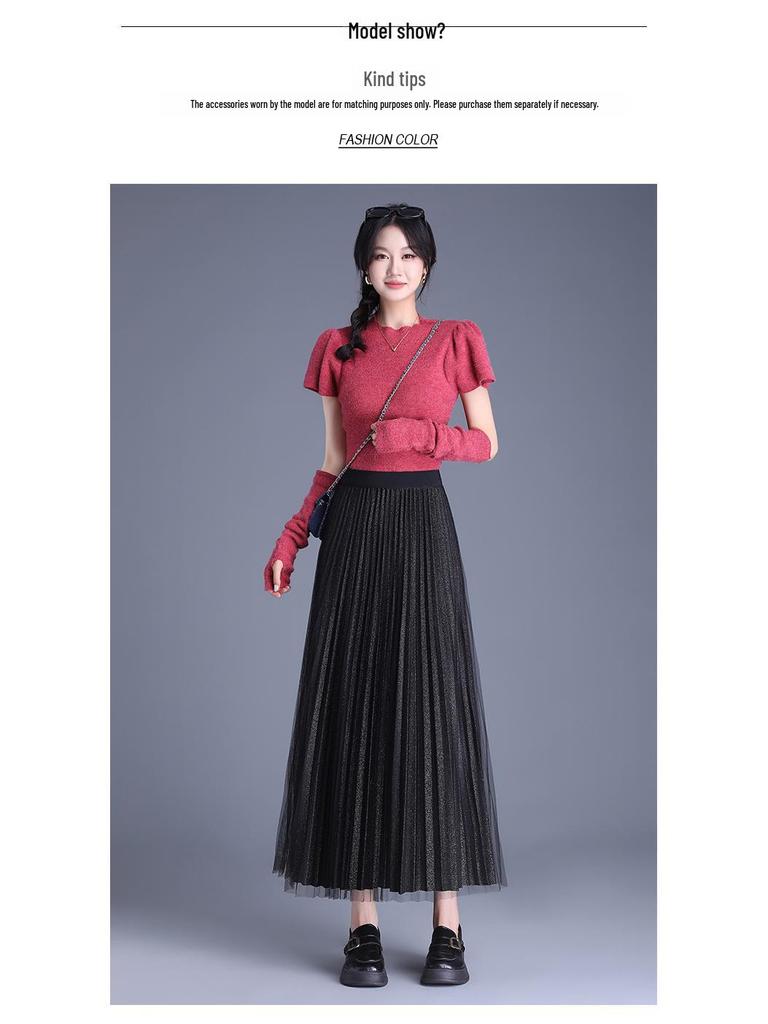 Elegant High Waist Pleated Silk Mesh Skirt – Double-Sided Versatile Fashion Skirt for Women
