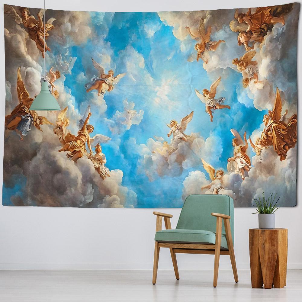 Vintage Sky Figure Tapestry European Church Ceiling Wall Hanging Living Room Background Poster Home Dormitory Studio Decoration