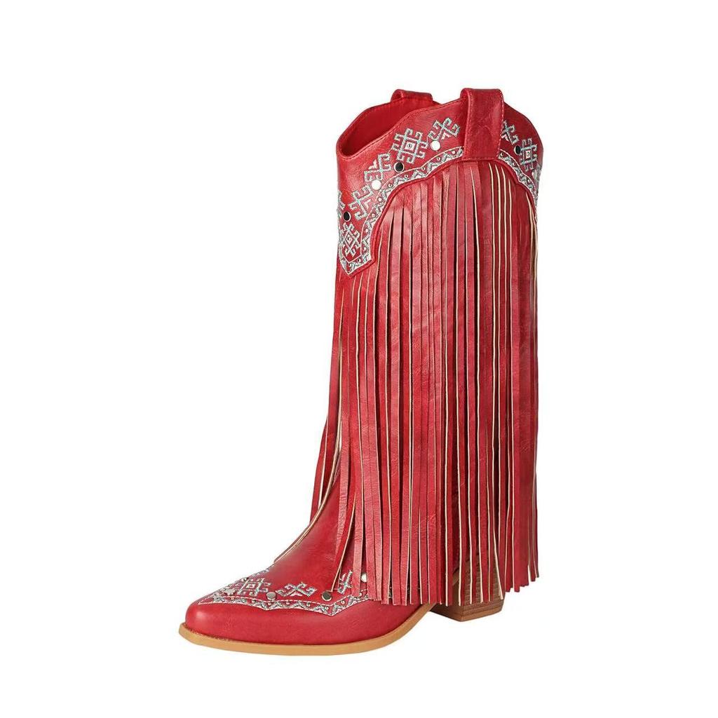 Cowboy Boots Embroidery Autumn and Winter New Knight Boots Large Size Fringed Thick Heel Rivet Western High Boots