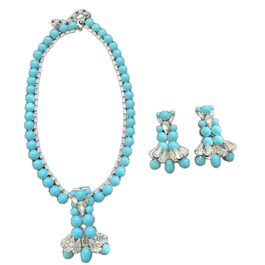 Vintage Blue Teardrop Diamond Necklace & Earrings Set with 925 Silver for Women