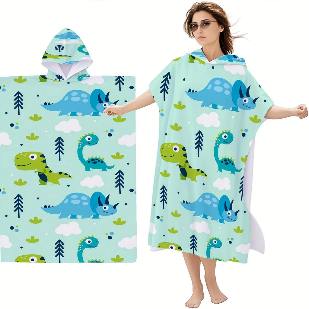 1pc Cartoon Dinosaur Print Hooded Towel Poncho, Quick Dry Polyester Beach Changing Robe, Matching Family/Couple Swim Poncho for