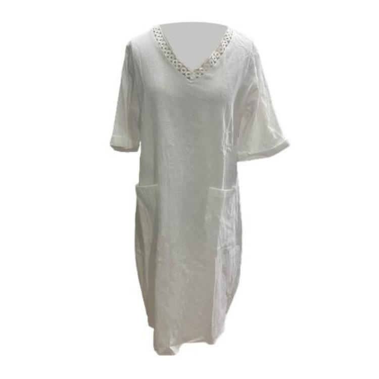 Summer Casual Dress V Neck Short Sleeves High Waist Midi Loose Knee Length Daily Wear Solid Color with Side Pockets