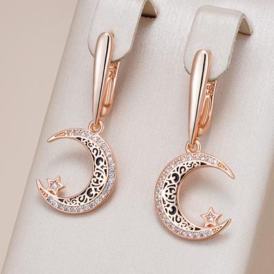 Trend Black Enamel Stars Moon Dangle Earrings For Women  Rose Gold Color With Natural Zircon Fine Daily Ethnic Jewelry
