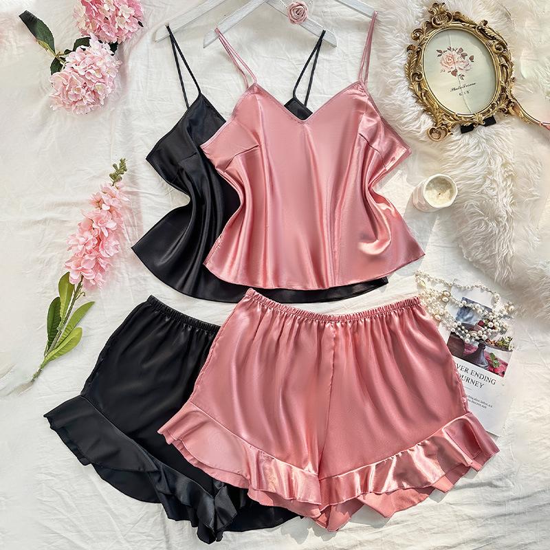 Large-sized Women's Ice Silk Home Wear, Simple and Thin Imitation Silk Pajamas, Fashionable Lace-up Casual Pajamas