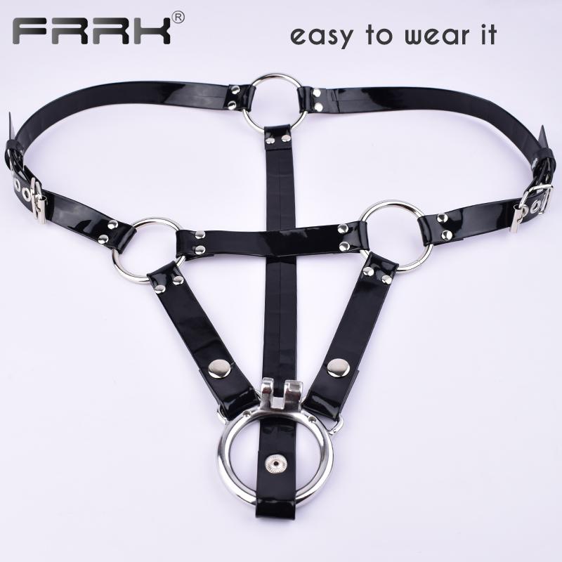 FRRK PU pásový postroj pro hráče BDSM Metal Chastity Cage v různých velikostech Sexy dospělí Intimní produkty Sexuální hračky Bondage