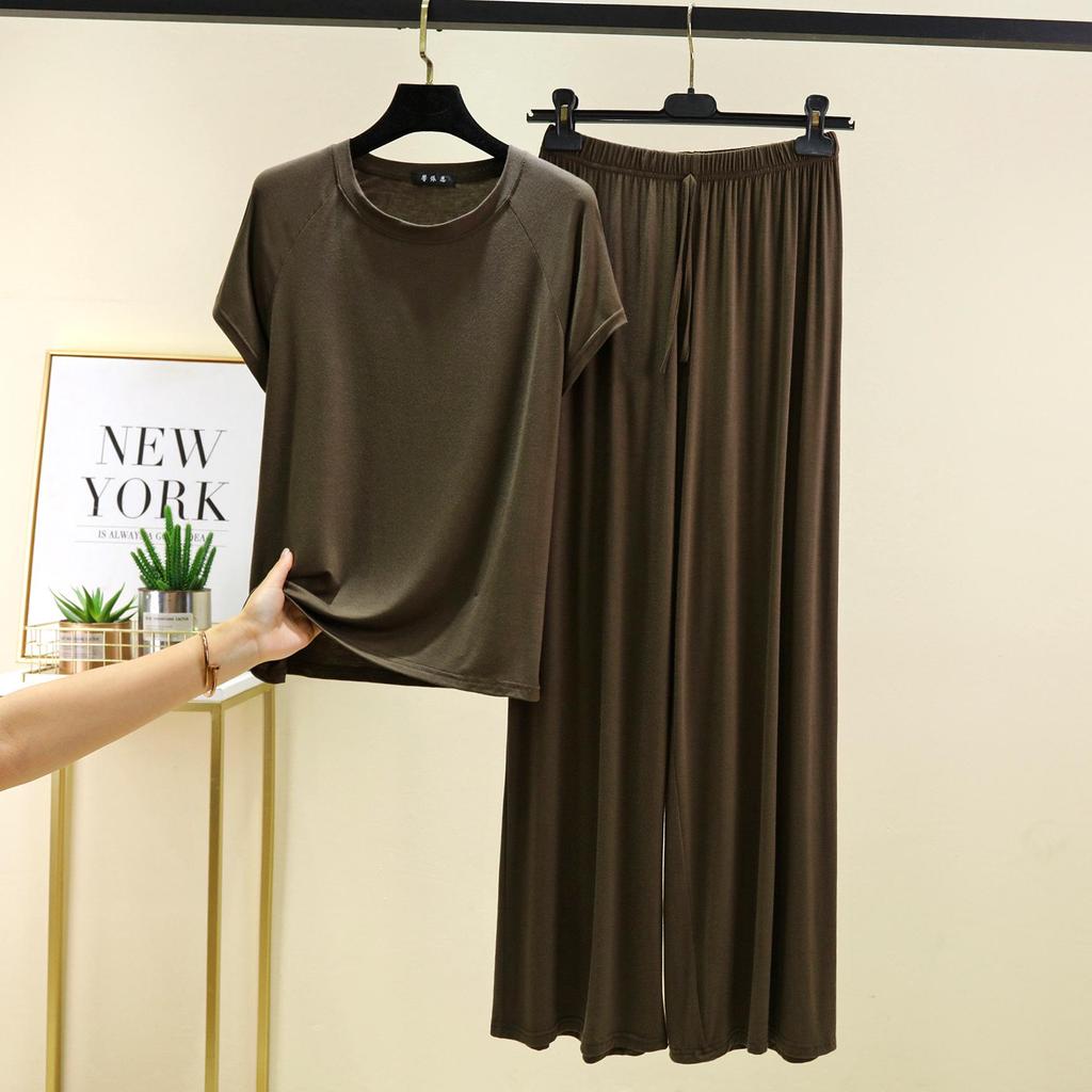 Damen Sommer Freizeit Modal Pyjama Set - Kurzarm T-Shirt & Hose, Übergröße, Bequeme zweiteilige Homewear