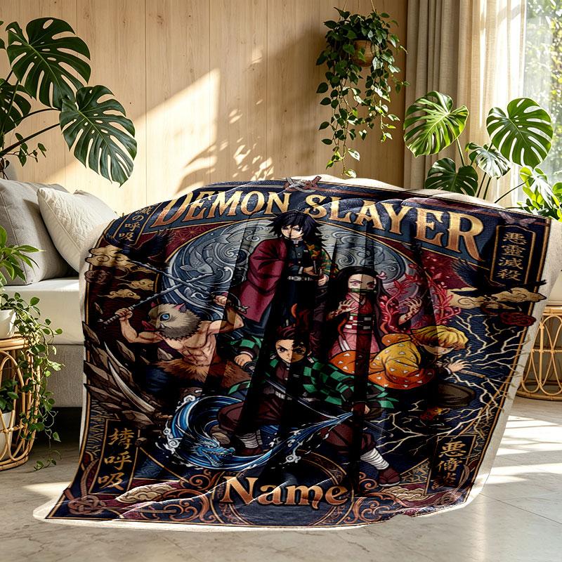 Custom Name Personalized Demon Slayer Print Blanket, Home Decor, Bedroom, Sofa, Camping, Couch, Gifts for Birthday Christmas