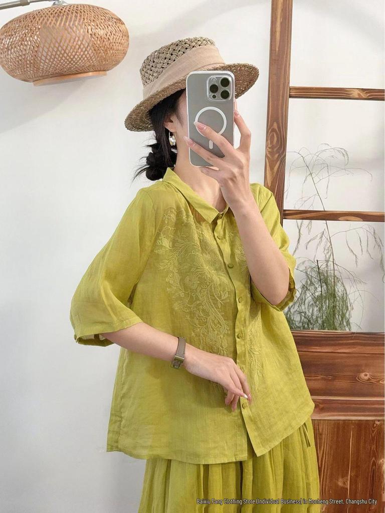 Summer 2026 Retro Embroidered Linen Blouse - Women's Short Sleeve, Slimming Shirt Collar, Loose Fit Top