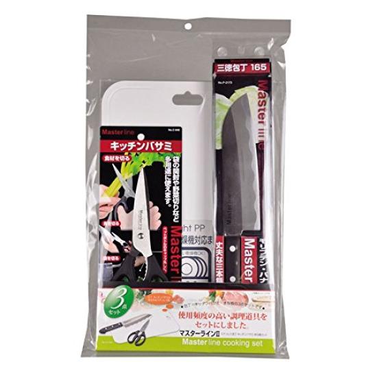 Pearl Metal Kitchen Cutting Board Master Stainless Knife, Scissors, 3-Piece Set, Line2, Steel, Black, F-2180