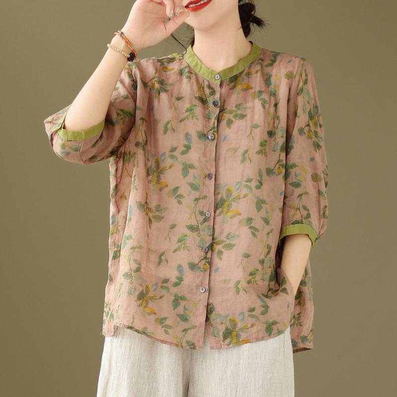 

Korean Style Plus Size Retro Printed Two-Piece Cotton & Linen Summer Set for Women M