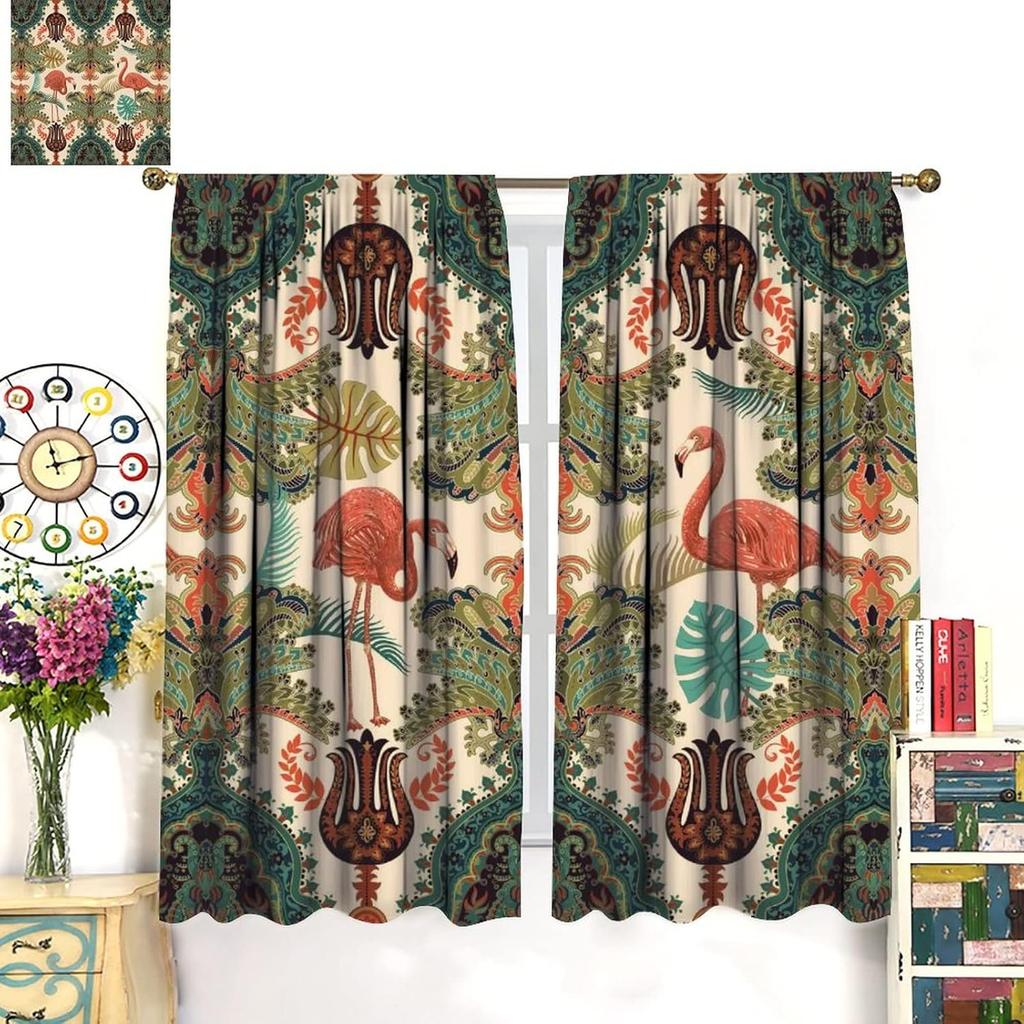 Bohemian Flamingo Vorhänge Boho Vintage Ethnisch Tropische Vögel Design Fensterdekoration Wohnzimmer Weinrot Hu Vorhang mit Verdunkelung Polyester Perfekt