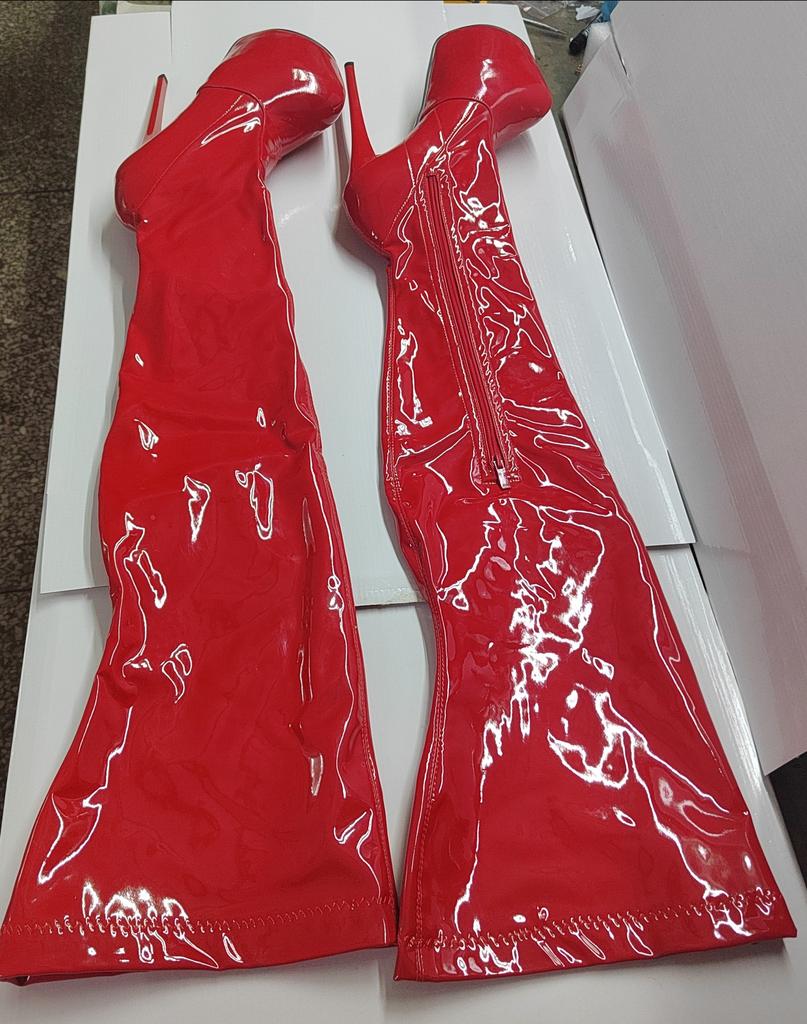 Modne Nowe czarne metalowe szpilki 30 cm za kolano długie elastyczne kozaki duży rozmiar 44-50 rozmiar damskie buty przypływowe buty na platformie