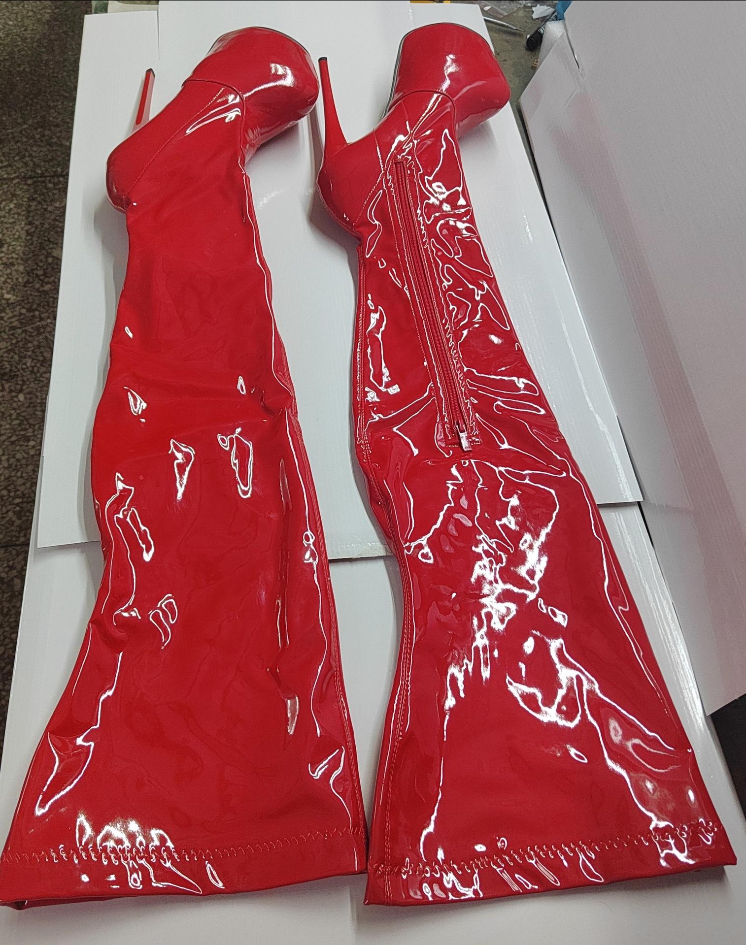 Модные новые черные металлические ботфорты на тонком каблуке 30 см, длинные эластичные ботфорты до колена, большого размера 44-50 размера, женские ботинки, трендовые ботинки на платформе 44