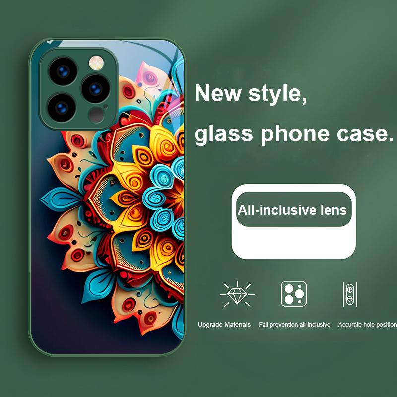 Abstract Flower Green For IPhone 16 Pro Max 15 P Lus 14 Pro 13 12 Mini 11 P Ro Max X XS 7 8 Plus 2022 Tempered Glass Phone Case