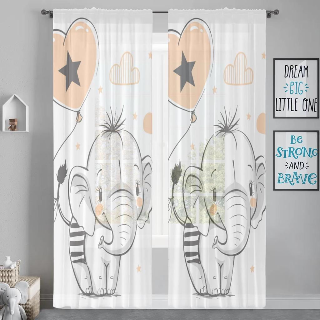 Herdesings Niedlicher Elefant Transparente Tüllvorhänge Chiffon-Drapierungen 2 Paneele Fenstervorhänge für Wohnzimmer Schlafzimmer Küchendekoration