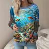 Marine Animals Colorful 3D Printed Fashionable Round Neck Long Sleeved Comfortable Casual Loose Plus Size Women's Pullover
