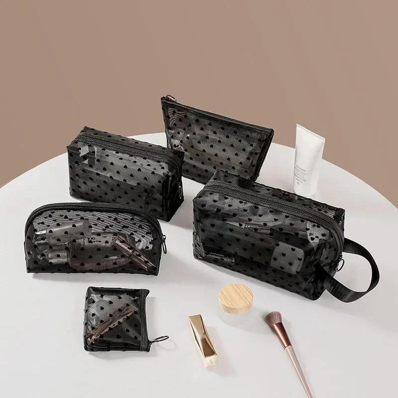 Women Cosmetic Pouch Toilet Storage Bag Ladies Toiletry Lipstick Key Coin Organizer Bags Purse Heart Transparent Mesh Makeup Bag