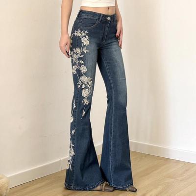 Jean Y2K Broderie Rose Taille Basse Micro-Évasé - Pantalon Décontracté Slim-Fit