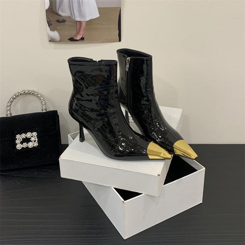2025 Designer Pointed High-heeled Fashion Short Boots Women's Metal Head Splicing White Short Boots Women's Texture Thin Boots