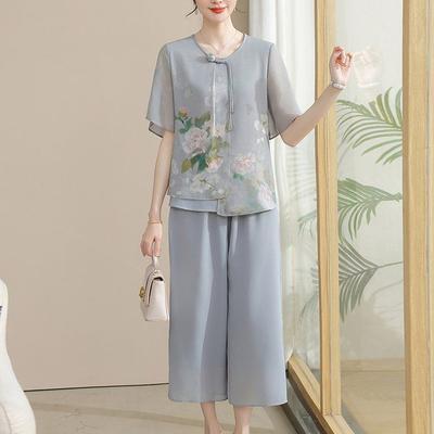 Elegant Middle Aged Women Summer Set Fashionable Chinese Style Chiffon Blouse and Short Sleeve T Shirt