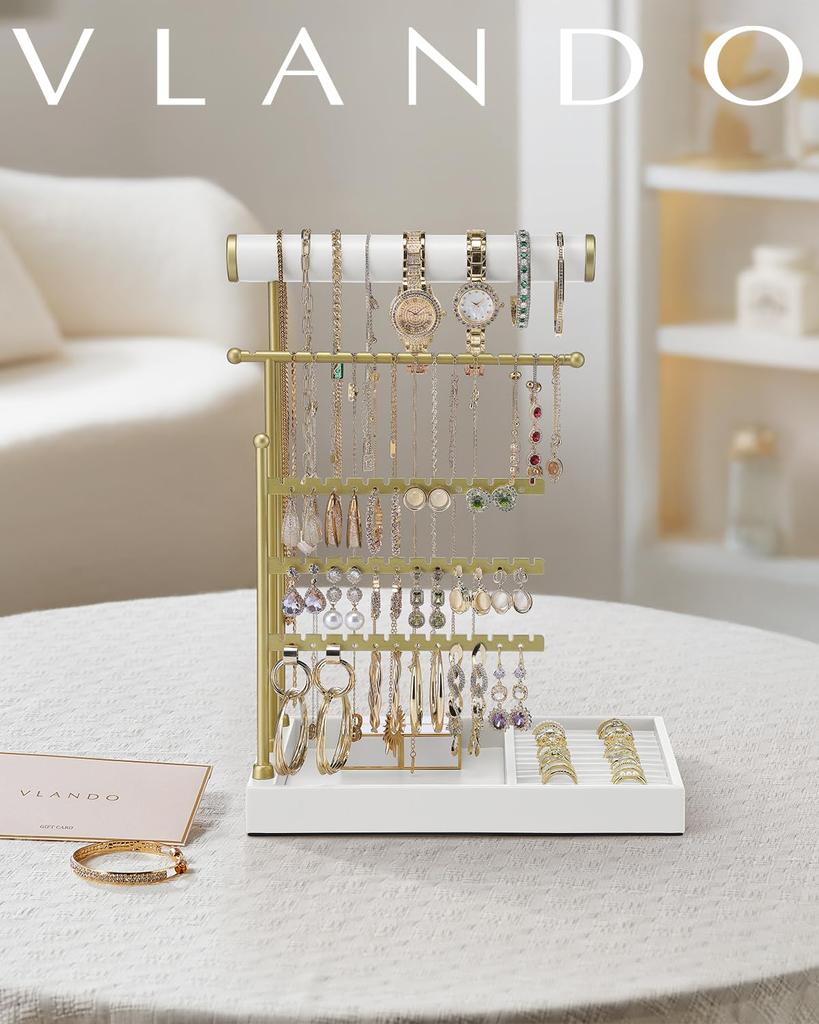 VLANDO Accessory Stand Necklace Stand Earring Stand Leather Tray Ring Storage Jewelry Storage Earrings Gift (White)