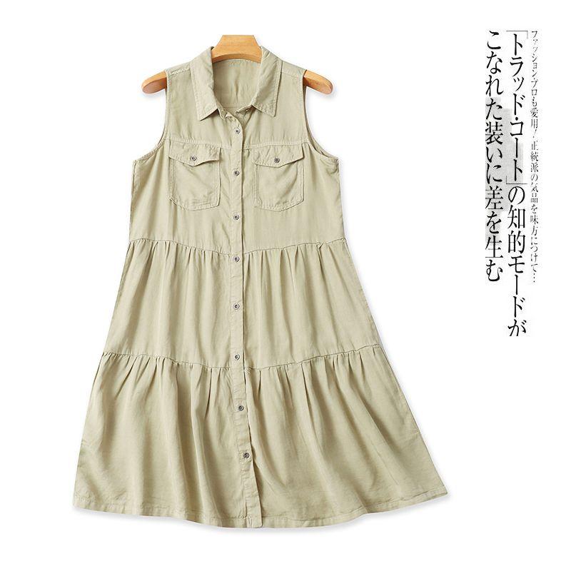 

Tencel Sleeveless Dress Summer New Foreign Trade Women clothes Fashion Lapel Single-Breasted Pleat A- Line Dress 31690 Army Green C- 5-11-2 M