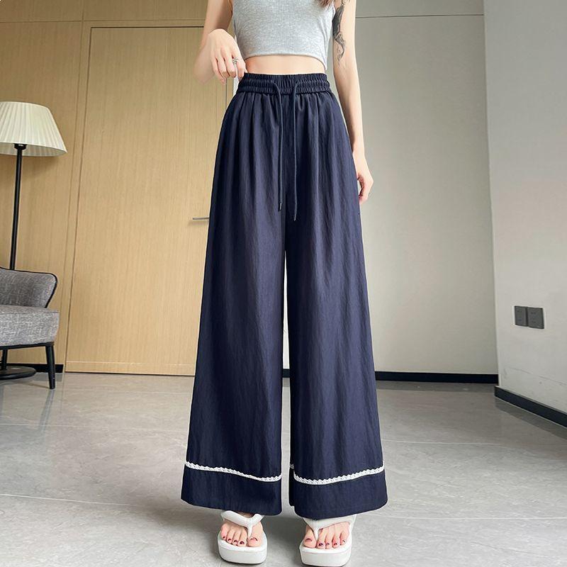 

Women s Plus Size Faux Denim Wide-Leg Cropped Pants with Lace Hem - Summer Casual M [Recommended for 80-100 jin]