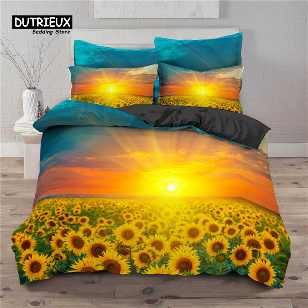 Sunflower Bedding Set Modern Microfiber Yellow Flowers Print Duvet Cover Alluring Sunflowers Summer Inspired Design Quilt Cover