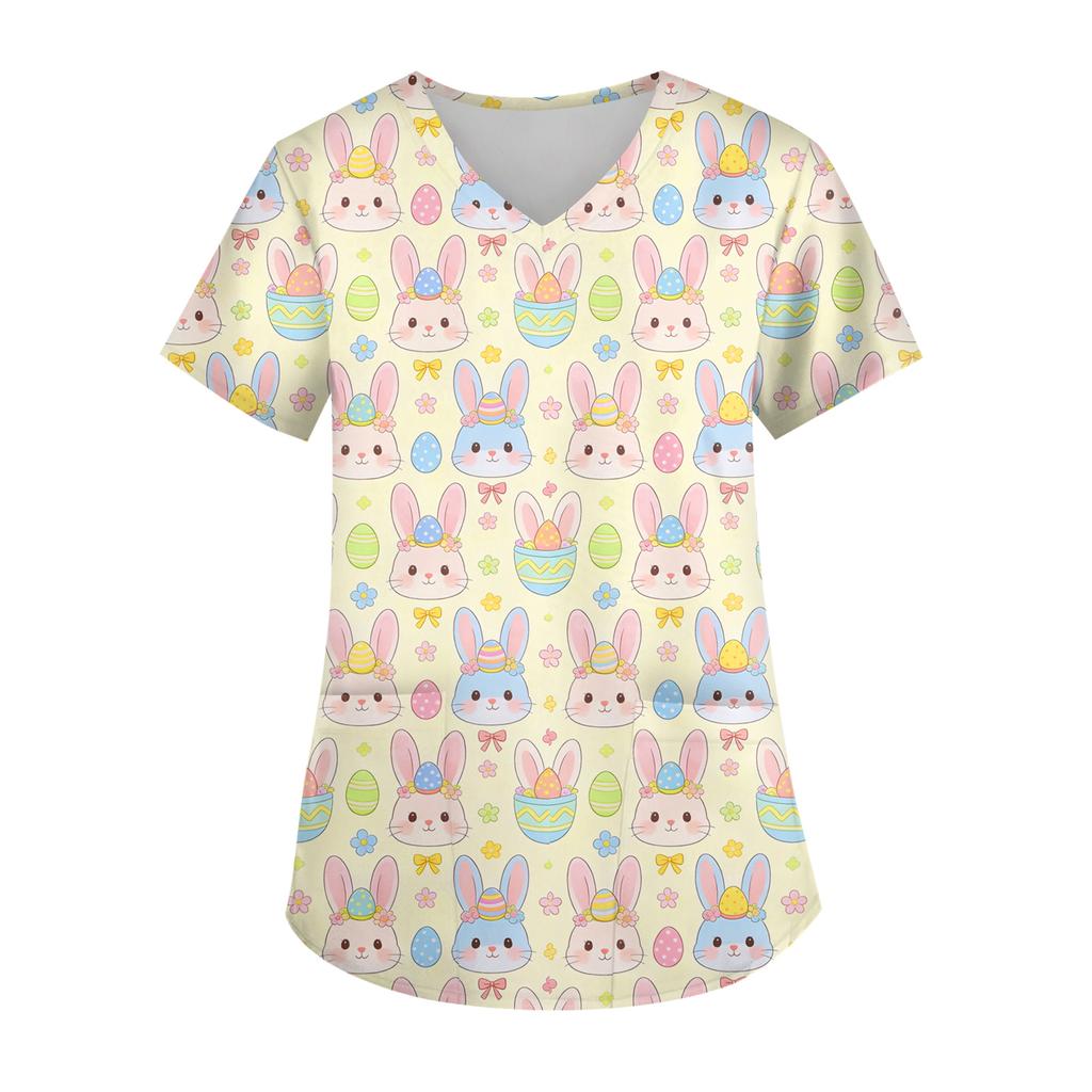Ladies' Easter printed fashionable V-neck pocket short sleeved uniform and caregiver top