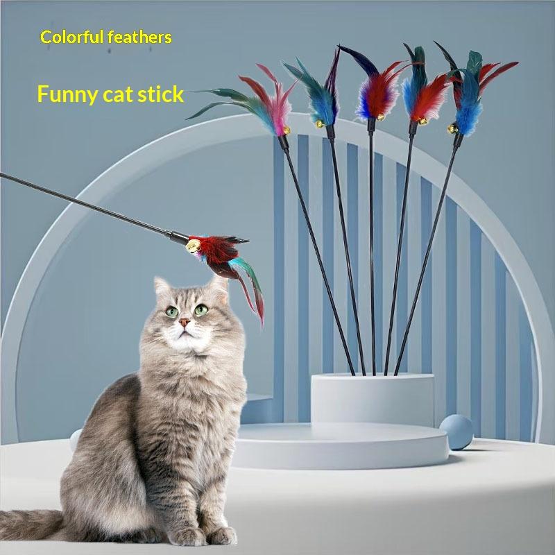Interactive Cat Feather Toy 5pcs Set Wand With Bell Colorful Chicken Feather Stick For Pet Exercise Entertainment