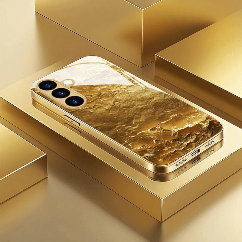Gold-plated tempered glass phone case, compatible Galaxy S26, S25, S24, S23, and S22 Ultra Plus. Gold textured pattern.