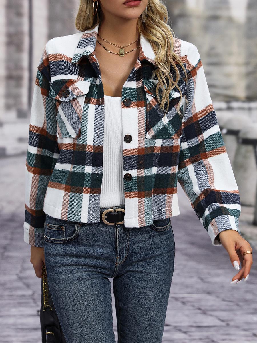 Модная повседневная женская шерстяная короткая куртка в клетку с карманами XXL зелёный — фото 20