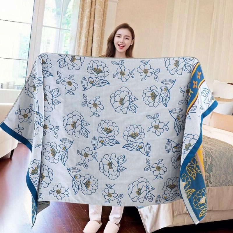 Multi-Layer Gauze Jacquard Floral Throw Blanket 80x160cm, Quick Dry Absorbent Large Cotton Bath Towel Soft Beach Towel for Couch Bed Napping Decor