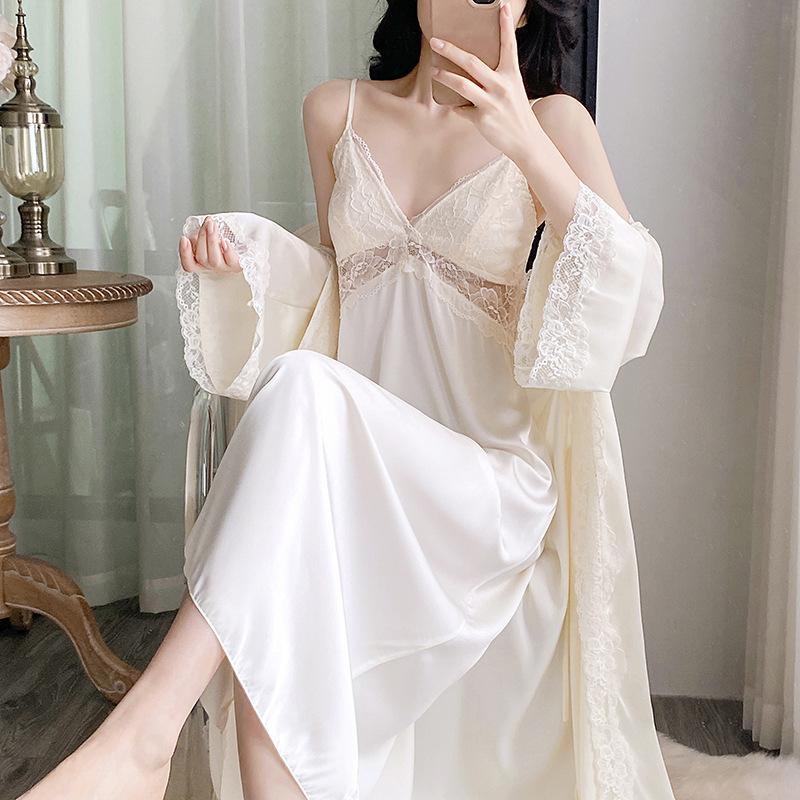 Ice silk pajamas women's spring and autumn high-end halter suspender dress nightgown set with chest pad sexy pure loungewear