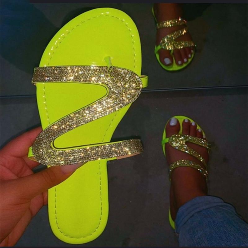 Women Summer Casual Solid Color Crystal Roman Flat Beach Slippers Sandals Plus Size