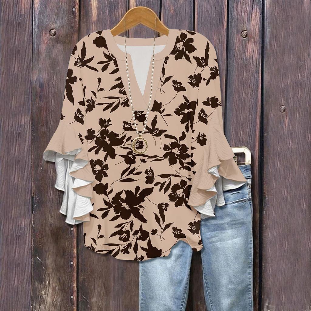 3/4-Ärmel-Shirts für Damen, süßer Aufdruck, Grafik-T-Shirts, Blusen, lässig, Übergröße, Basic, Oberteile mit Rüschenärmeln, Pullover