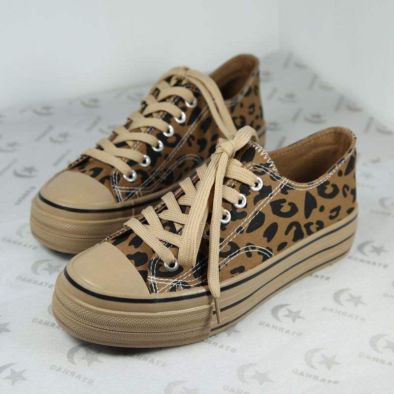 Canvas shoes women's spring and autumn leopard print trend Korean version of campus sports shoes thick-soled high street muffin bottom thick-soled ins