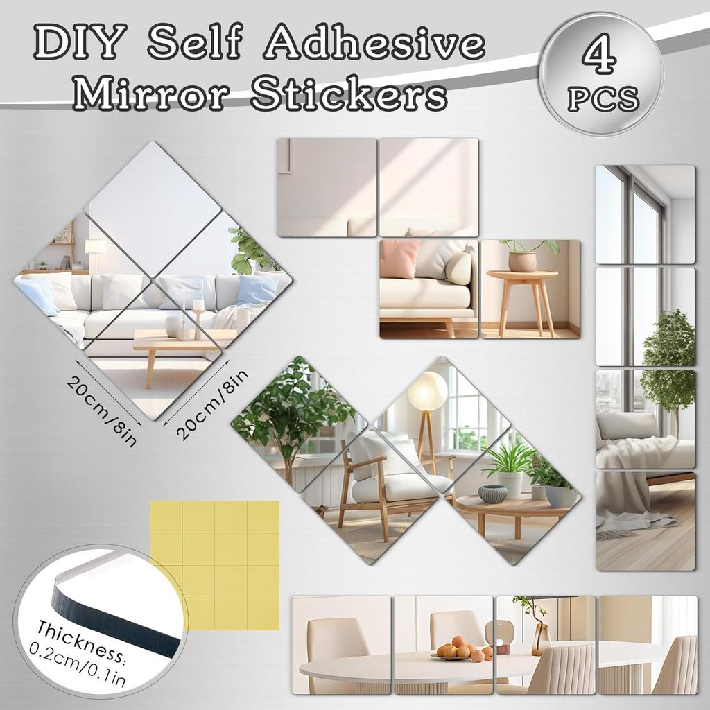 4 Pack Shatterproof Acrylic Mirrors Tiles Self Adhesive Wall Mirror Stickers Unbreakable Plastic Full Length Mirror Sheets Decors for Home Bathroom
