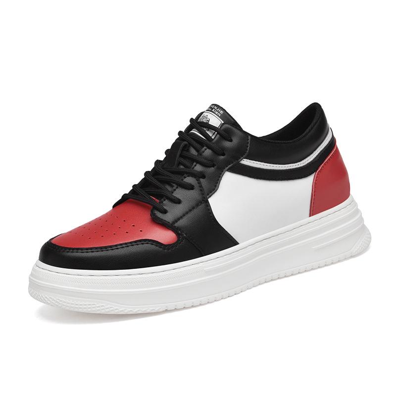 Men's Height Increasing Platform Board Shoes - Thick Sole, Color Blocking, Spring Low-Top Cowhide Sports Sneakers