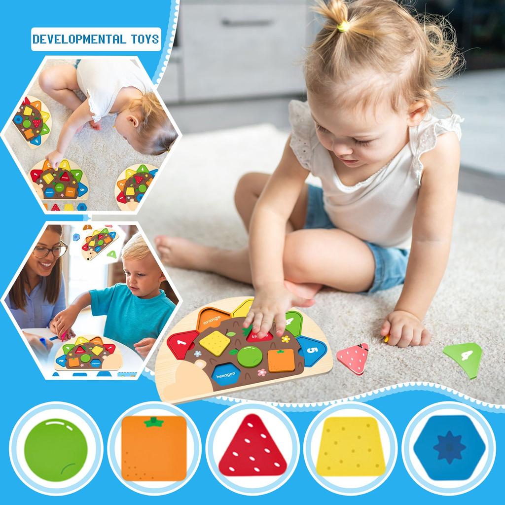 Zábavné ježčí puzzle speciálně navržené pro miminka, integrující ruční desky, osvojování barev a tvarů a geometrické přiřazovací puzzle.