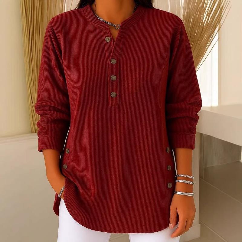 Women's Ribbed Knit Henley Top Long Sleeve Relaxed Fit Tunic with Side Buttons
