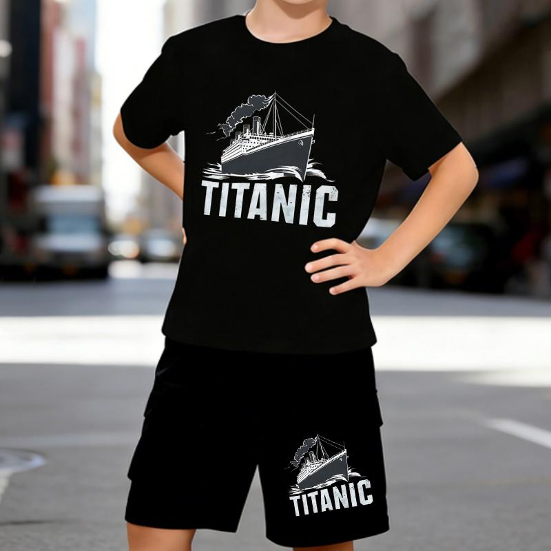 

Boys 2 Piece Titanic Printed outfit, Short Sleeve T-Shirt and Shorts Set for Kids Age 5-14,White, Black Sporty Casual Summer Clothes 5-6 Years чёрный