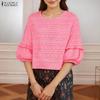 ZANZEA Women Casual Round Neck Loose 3/4 Sleeve Print Blouse