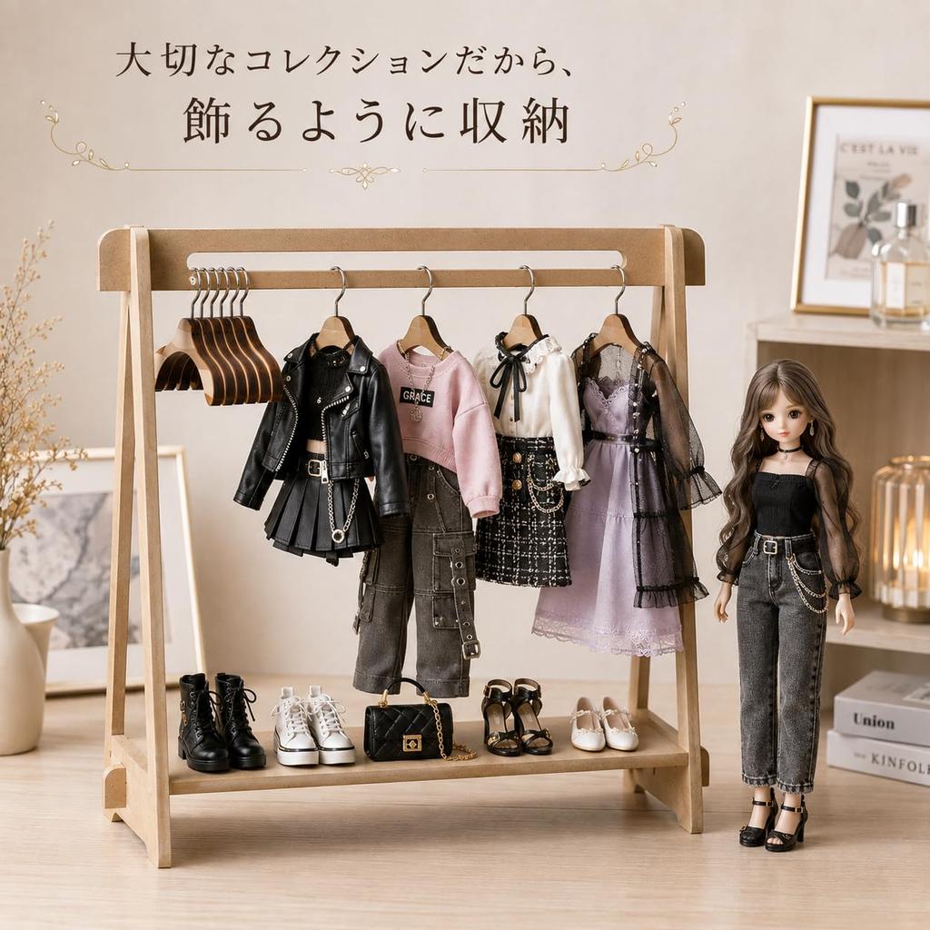 Doll Hanger Rack with 10 Wooden Hangers, 16 Scale (26-28cm Dolls), Mini Closet