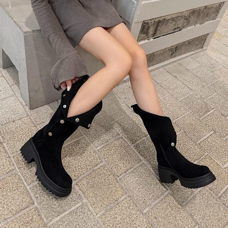 [8cm huge display height] Thick-soled long boots, small height increase, medium tube knight boots, women wear folded western boots
