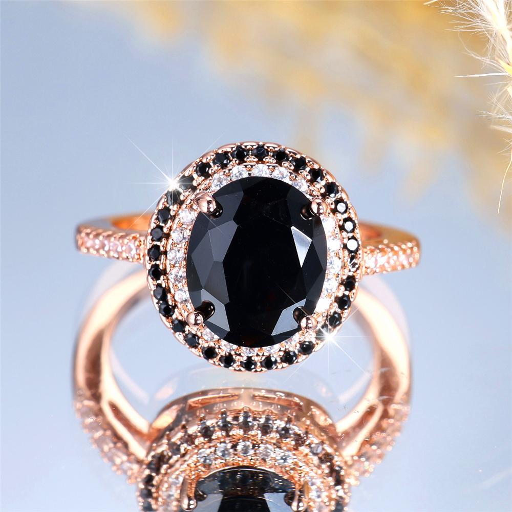 Luxury Crystal Black Zircon Stone Oval Rings For Women Vintage CopperColor Wedding Band Bridal Jewelry Engagement Gift