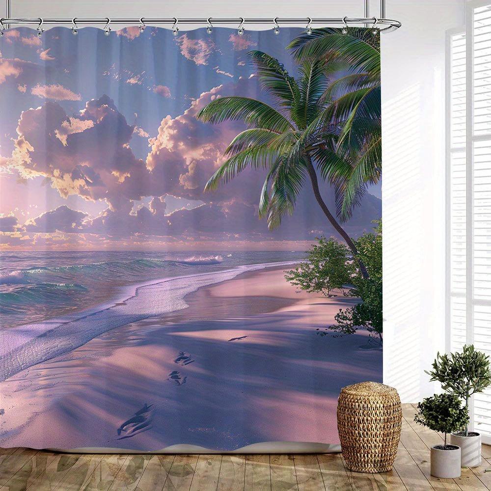 Sunset Beach Scene Waterproof Mildew-Resistant Shower Curtain - Tropical Design for a Relaxing Bathroom Décor Experience